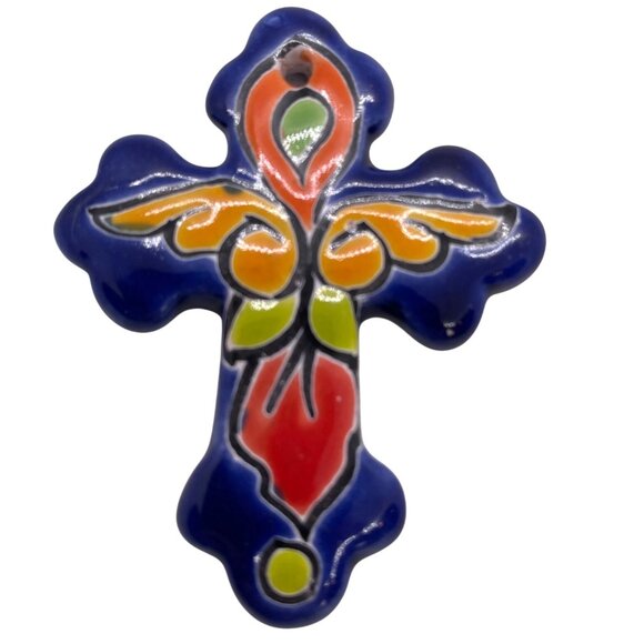 Mexico Talavera Ceramic Hanging Wall Ornament Holy Cross Mini Blue Crucifix Art - Picture 6 of 9